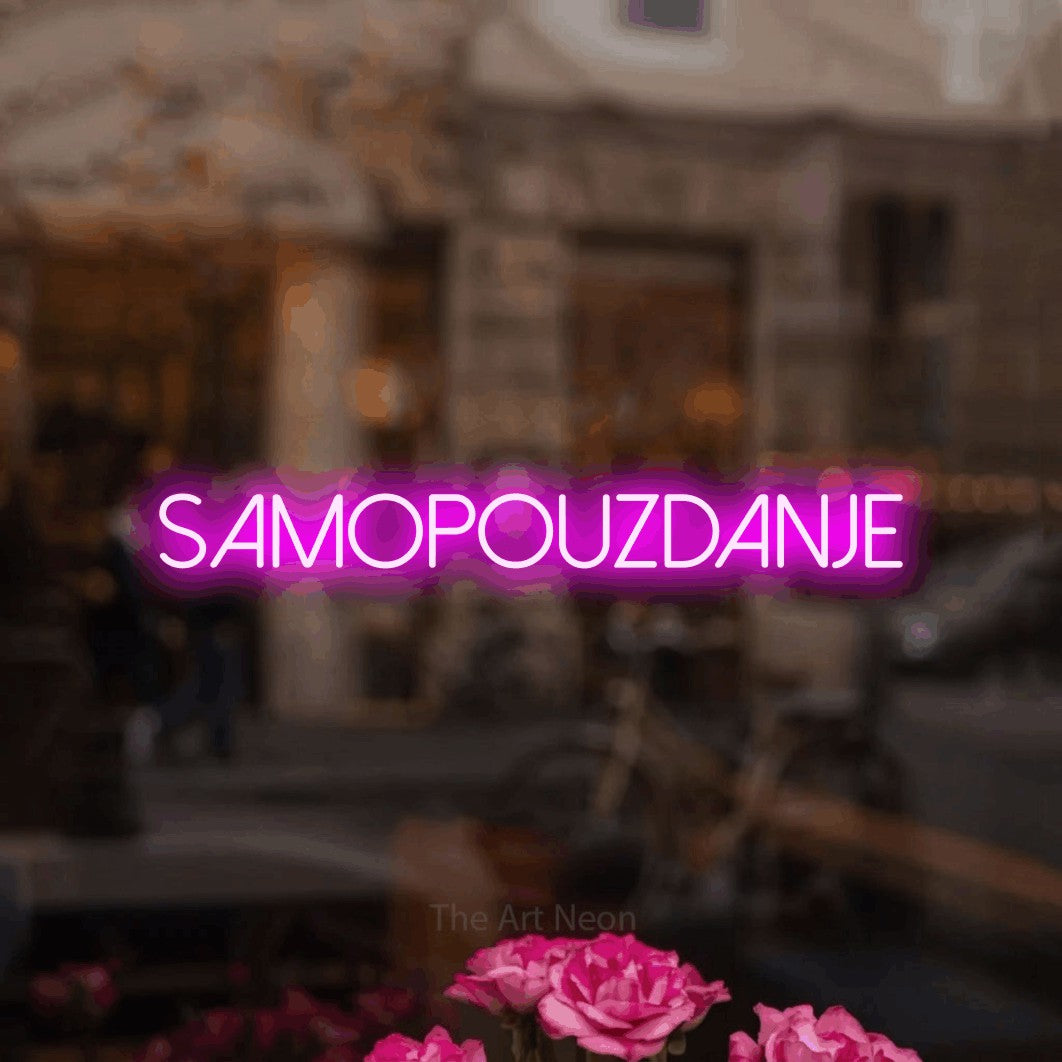 LED neon sign reading “samopouzdanje”, arranged in a single line.