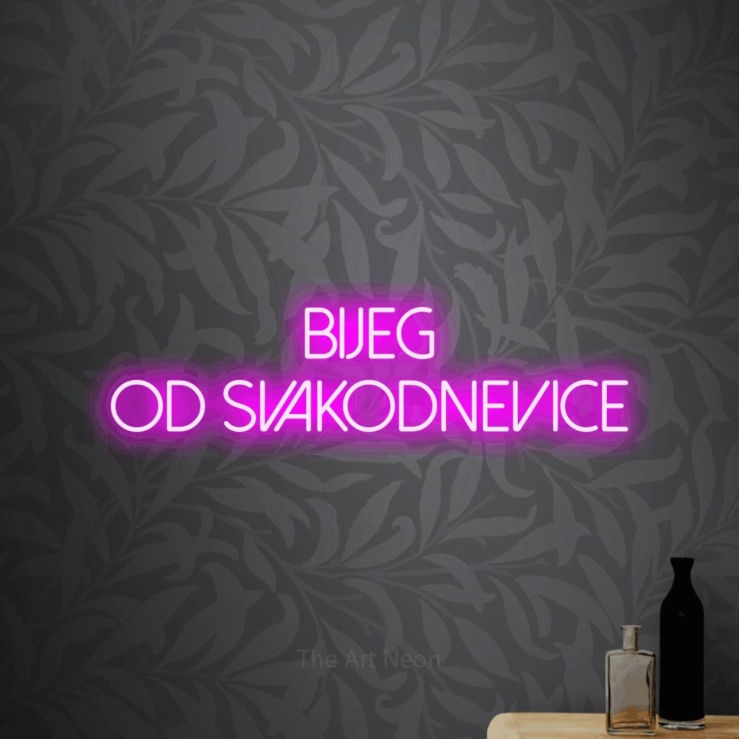 LED neon sign reading “BIJEG OD SVAKODNEVICE”, arranged in two lines.