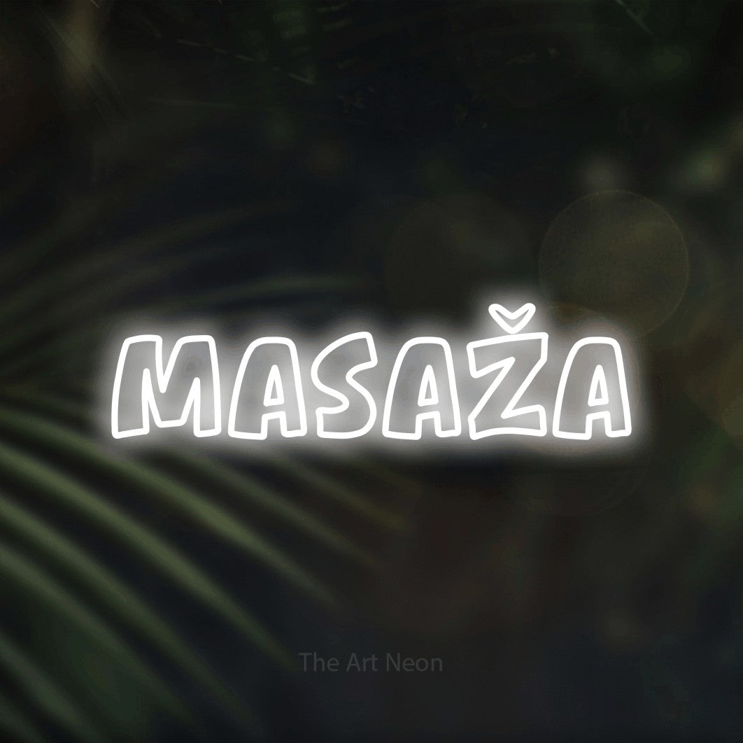 LED neon sign reading “Masaža”, arranged in a single line.