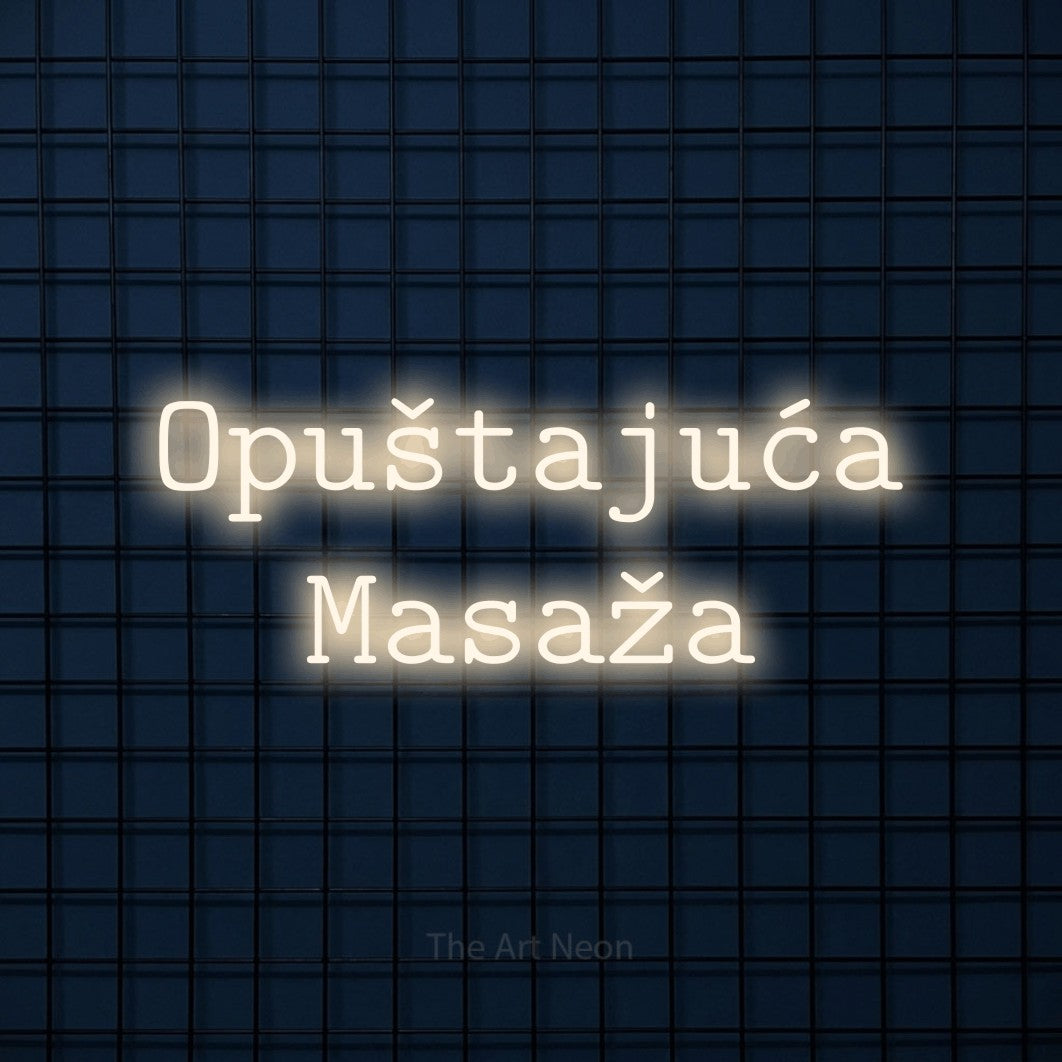 LED neon sign reading “Opuštajuća Masaža”, arranged in two lines.