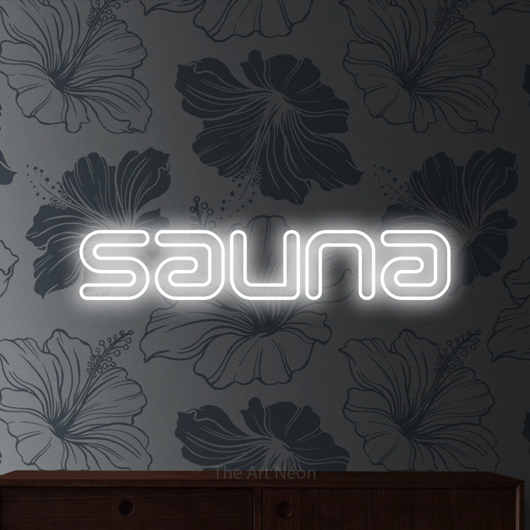 LED neon sign reading “Sauna”, arranged in a single line.