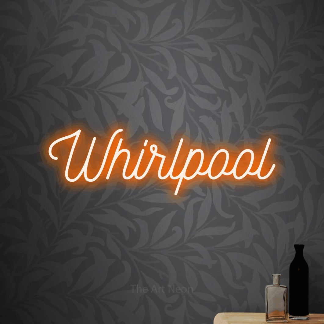 LED neon sign reading “Whirlpool”, arranged in a single line.