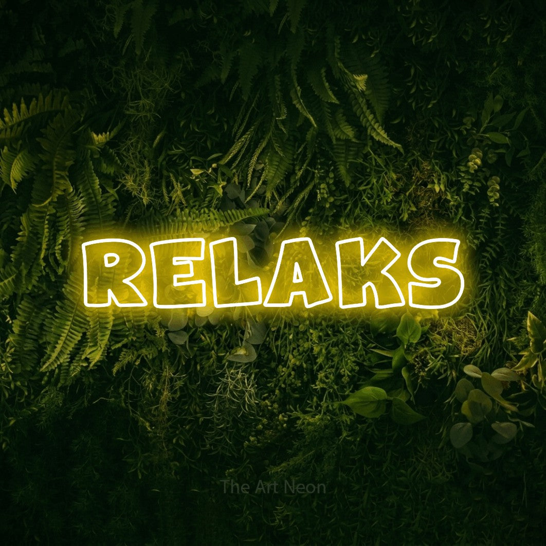 LED neon sign reading “relaks”, arranged in a single line.