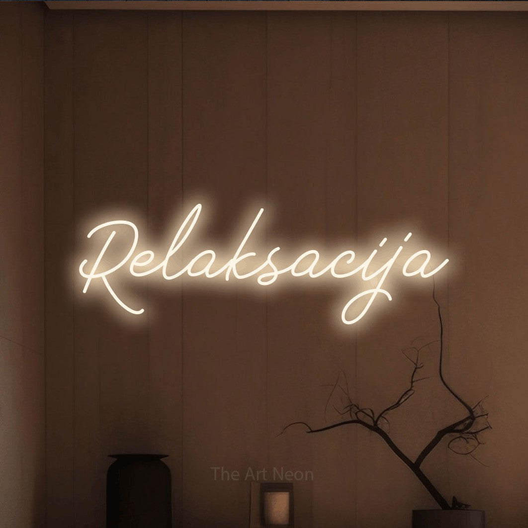 LED neon sign reading “Relaksacija”, arranged in a single line.