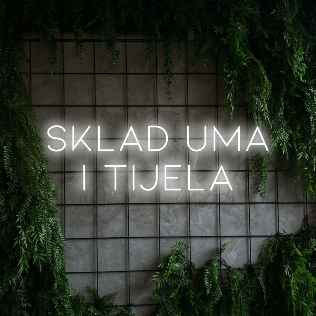 LED neon sign reading “SKLAD uma i tijela”, arranged in two lines.