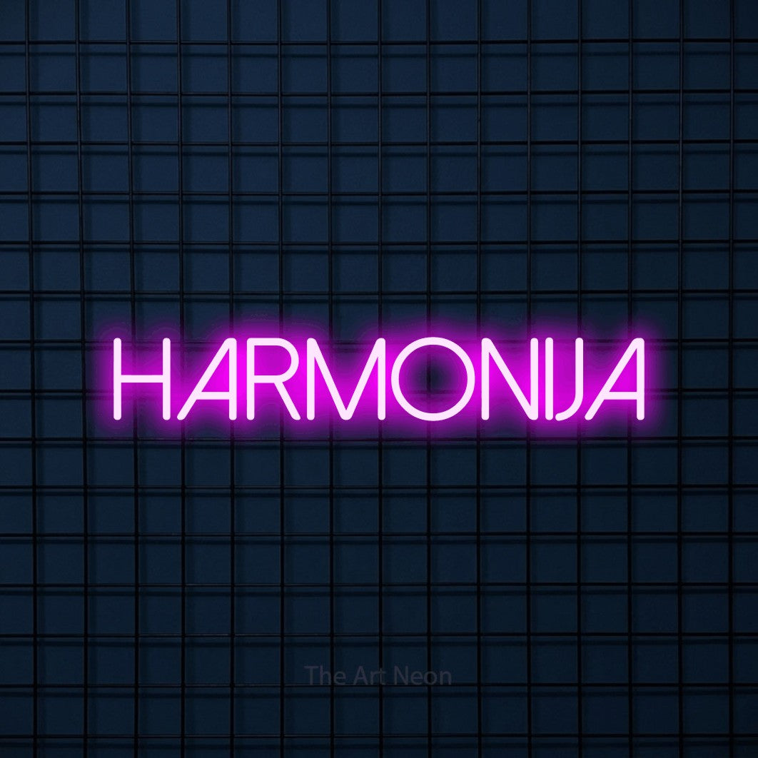 LED neon sign reading “Harmonija”, arranged in a single line.