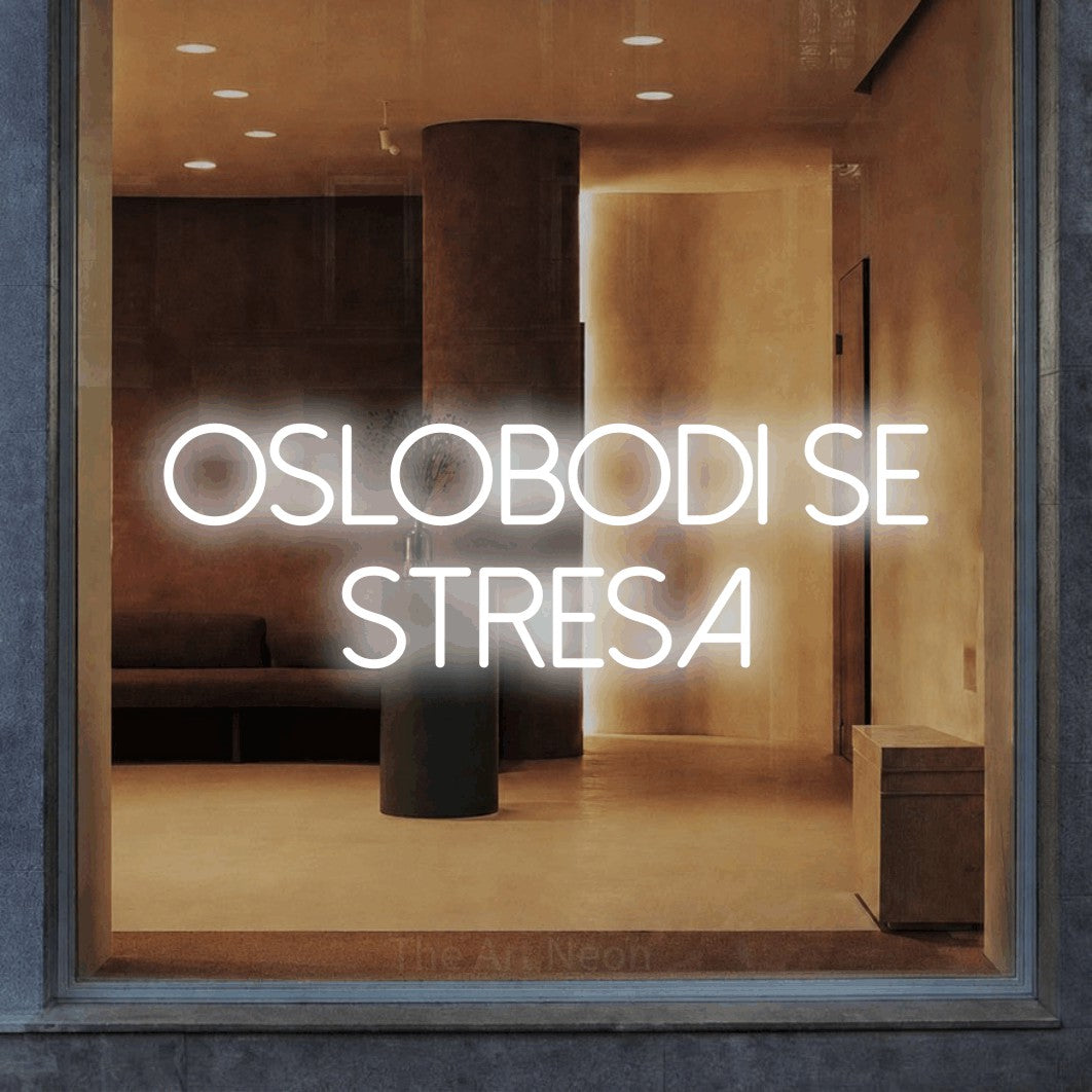 LED neon sign reading “Oslobodi se Stresa”, arranged in two lines.