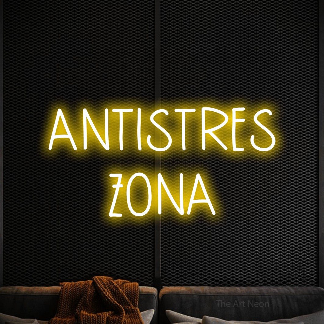 LED neon sign reading “ANTISTRES ZONA”, arranged in two lines.