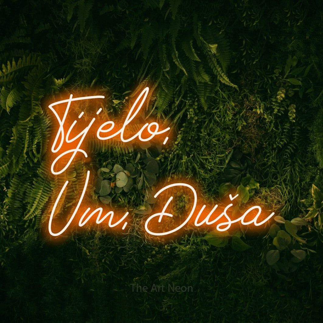 LED neon sign reading “Tijelo, Um, Duša”, arranged in two lines.