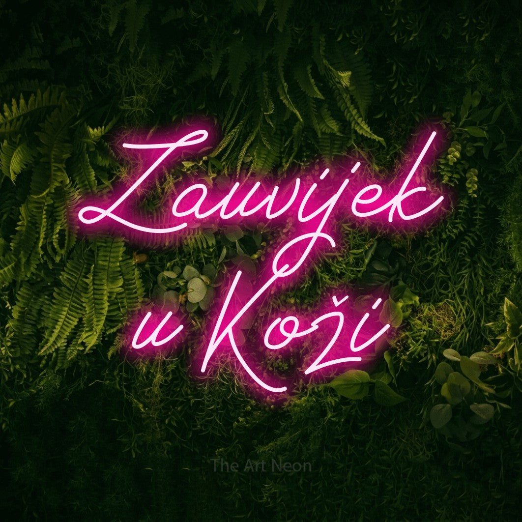 LED neon sign reading “Zauvijek u Koži”, arranged in two lines.