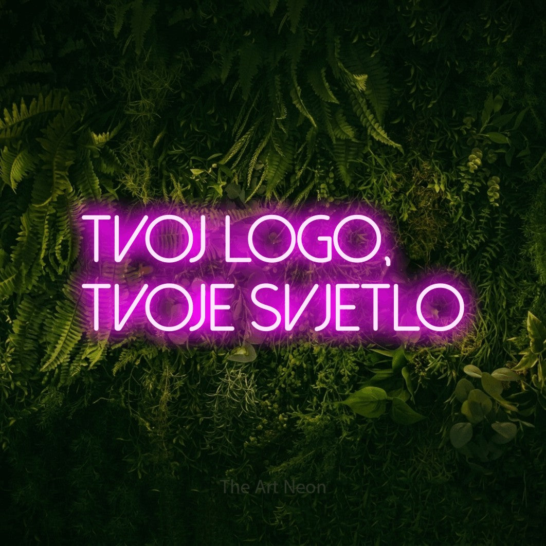 LED neon sign reading “tvoj logo, tvoje svjetlo”, arranged in two lines.