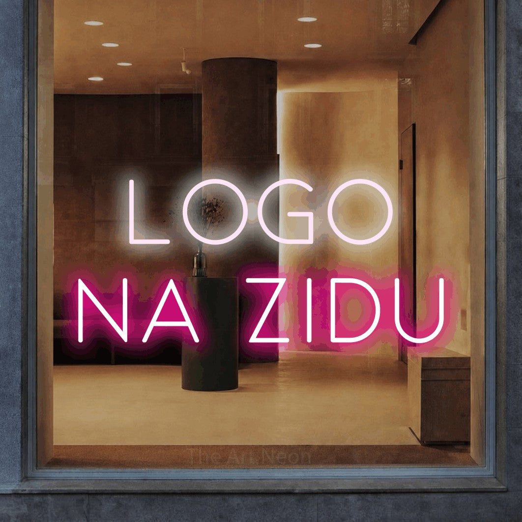 LED neon sign reading “logo na zidu”, arranged in two lines.