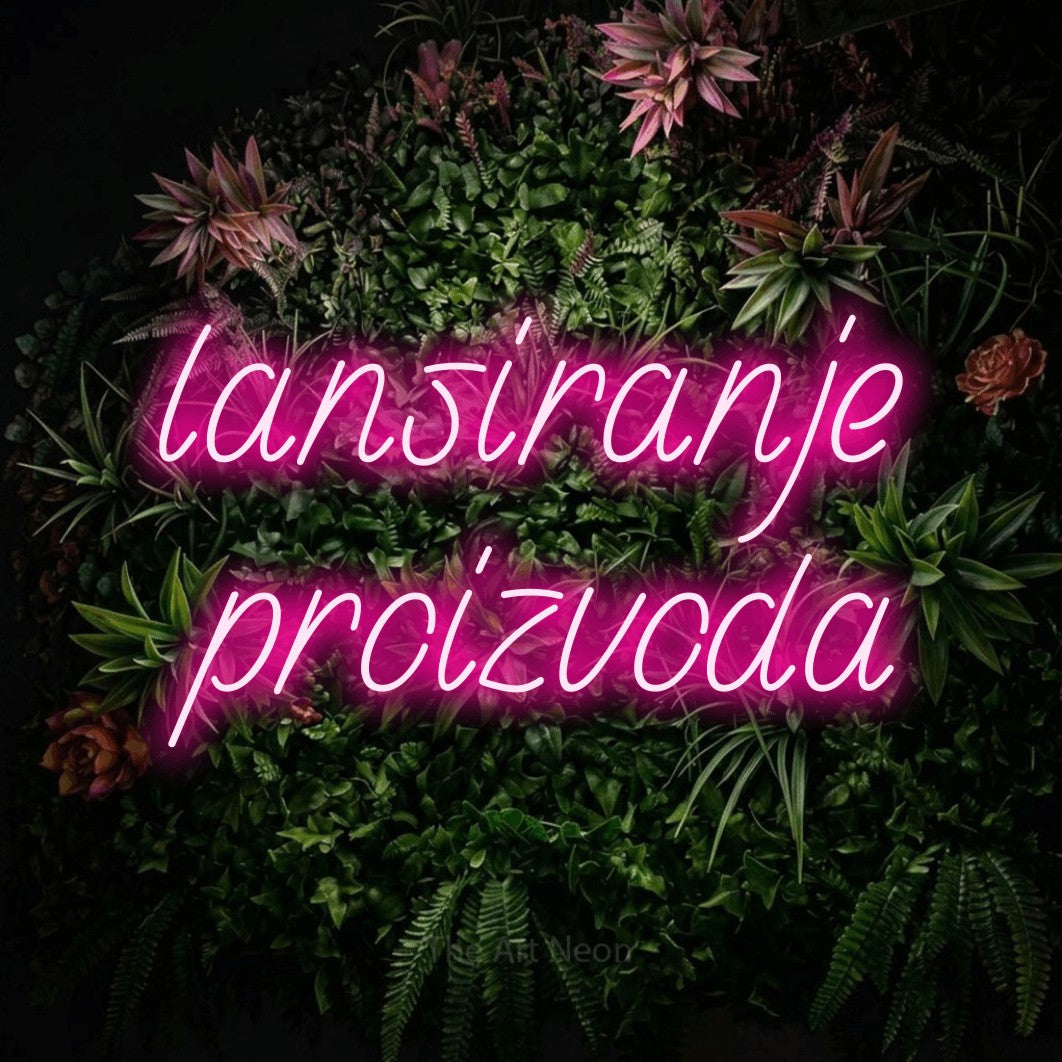 LED neon sign reading “lansiranje proizvoda”, arranged in two lines.