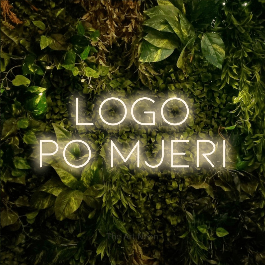 LED neon sign reading “logo po mjeri”, arranged in two lines.