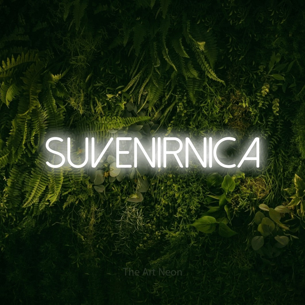 LED neon sign reading “SUVENIRNICA”, arranged in a single line.
