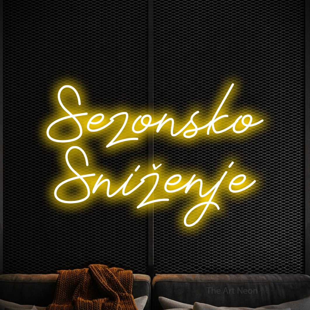 LED neon sign reading “Sezonsko Sniženje”, arranged in two lines.