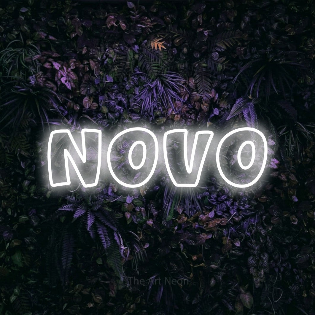 LED neon sign reading “NOVO”, arranged in a single line.