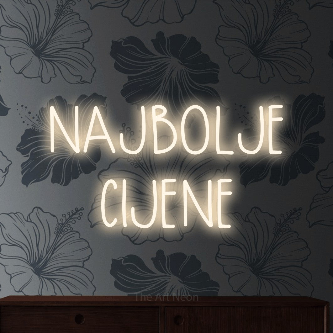LED neon sign reading “NAJBOLJE CIJENE”, arranged in two lines.