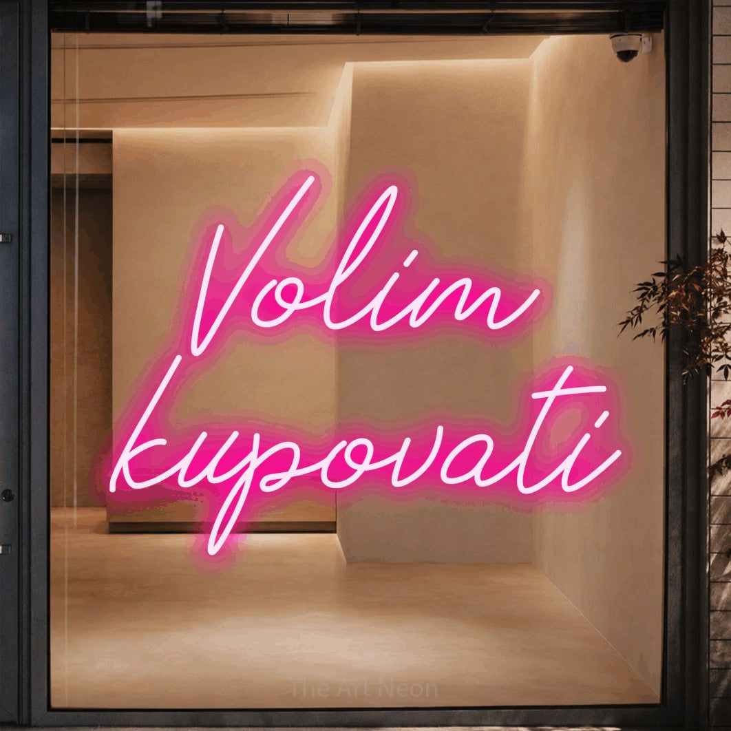 LED neon sign reading “Volim kupovati”, arranged in two lines.
