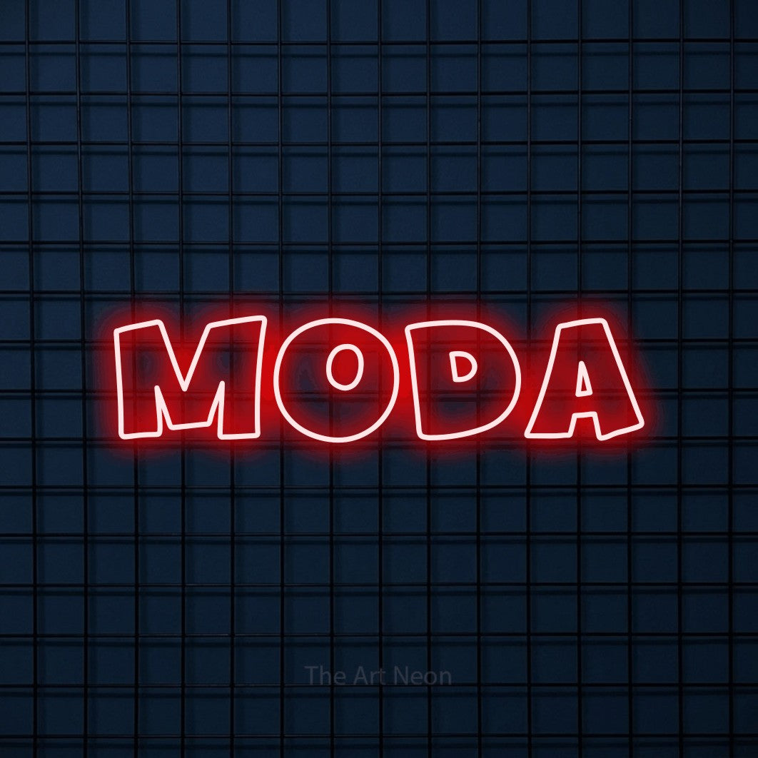 LED neon sign reading “Moda”, arranged in a single line.