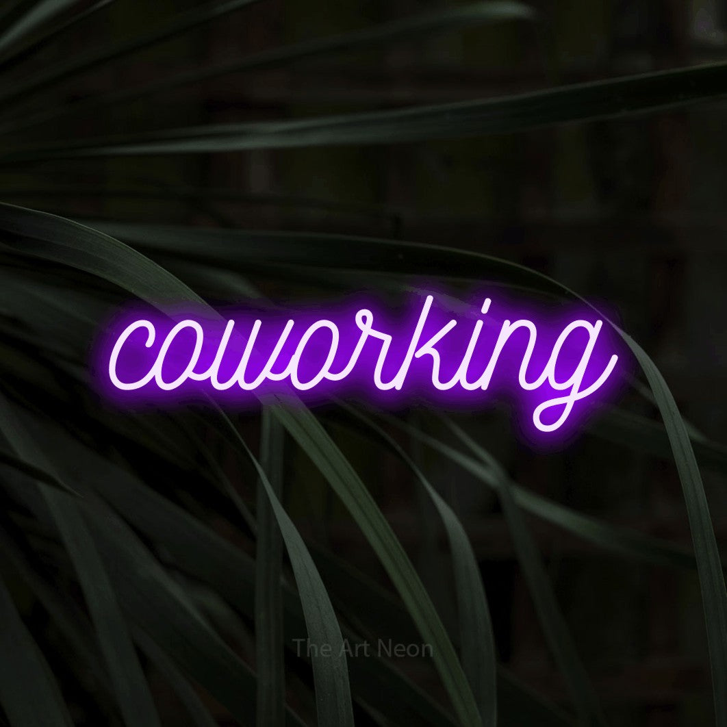 LED neon sign reading “coworking”, arranged in a single line.