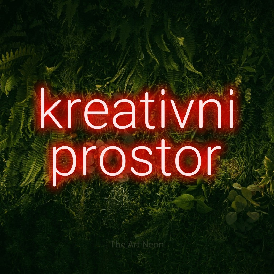 LED neon sign reading “kreativni prostor”, arranged in two lines.
