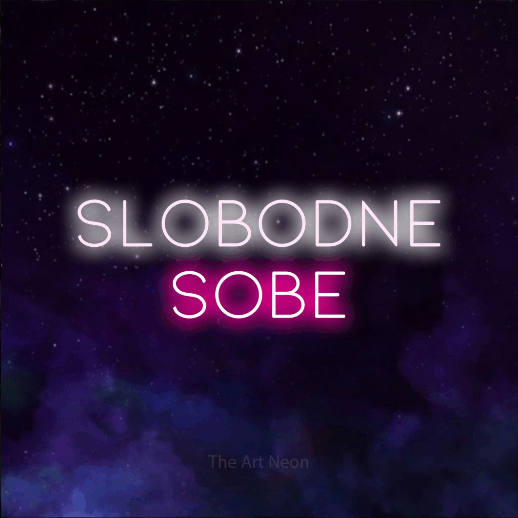 LED neon sign reading “SLOBODNE sobe”, arranged in two lines.