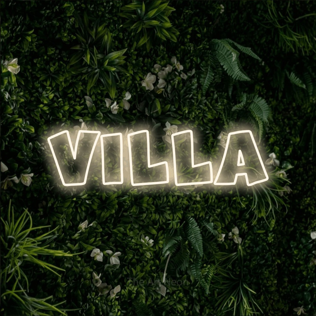 LED neon sign reading “VILLA”, arranged in a single line.