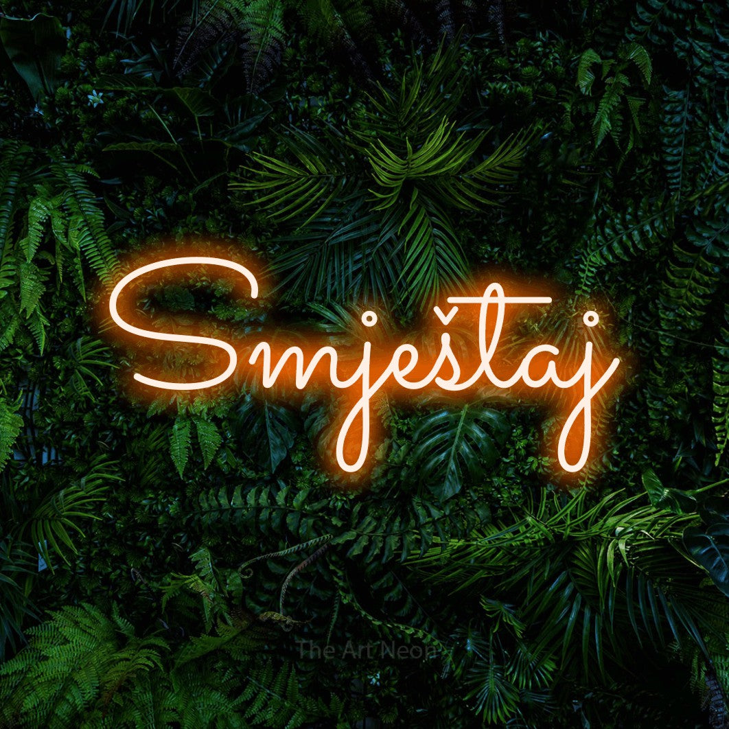 LED neon sign reading “Smještaj”, arranged in a single line.