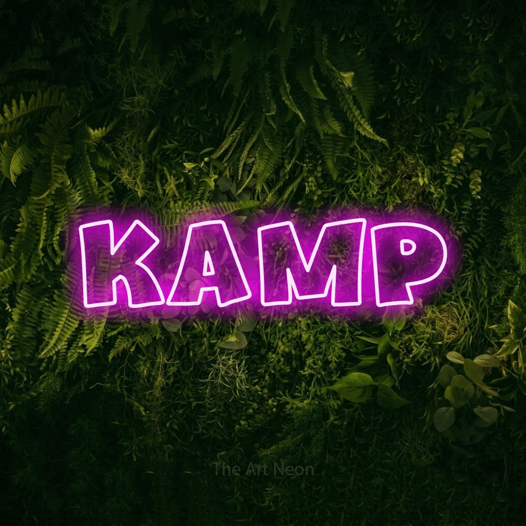 LED neon sign reading “kamp”, arranged in a single line.