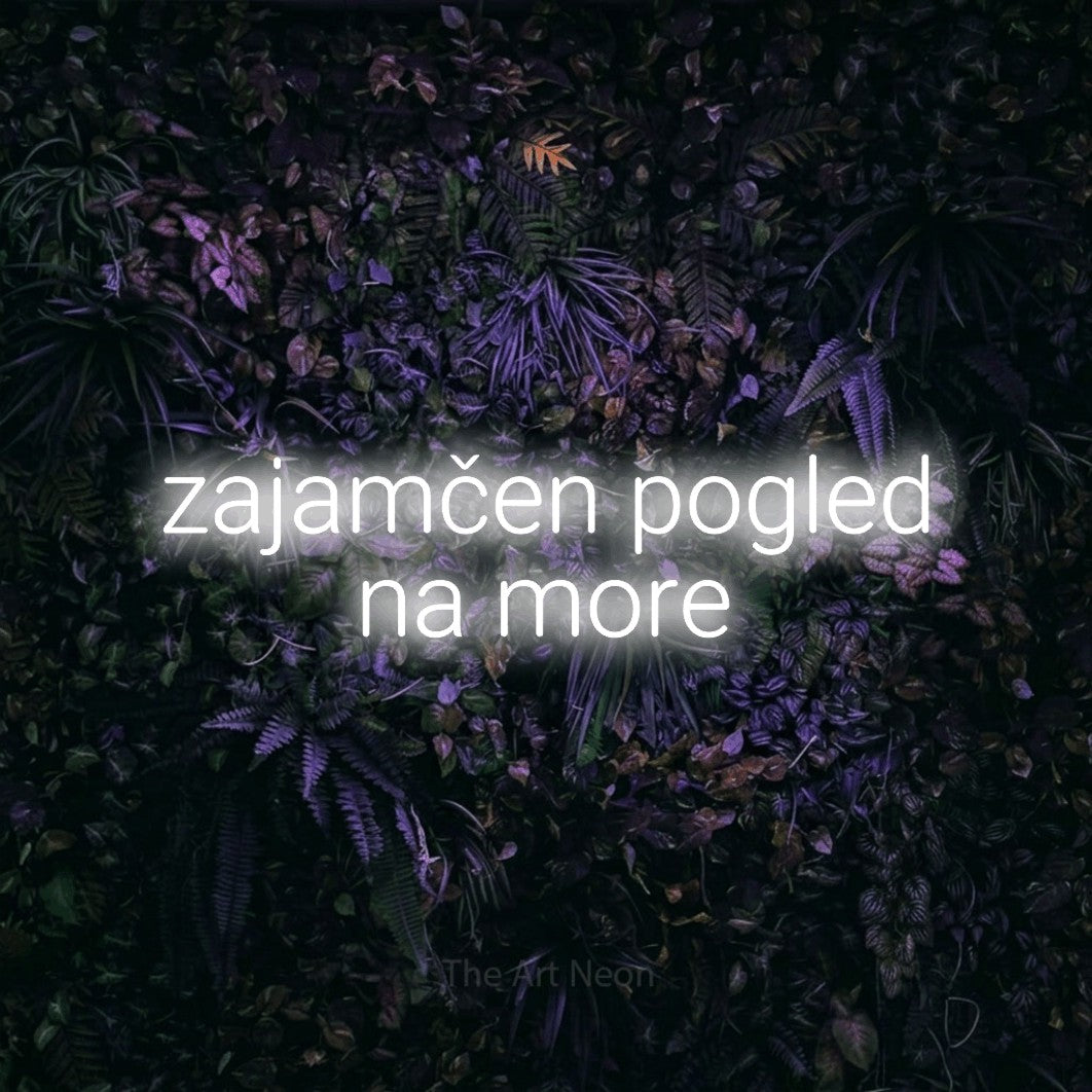 LED neon sign reading “zajamčen pogled na more”, arranged in two lines.