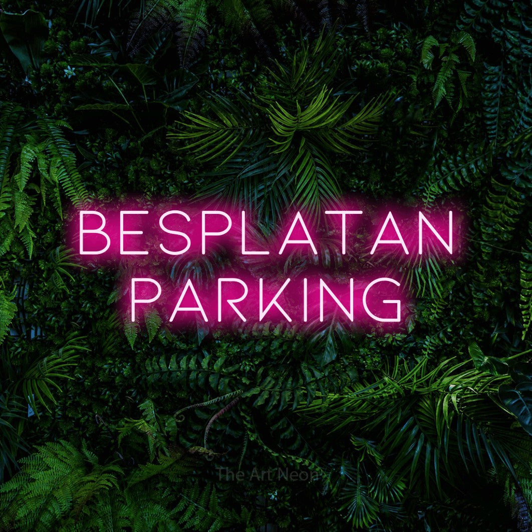 LED neon sign reading “BESPLATAN PARKING”, arranged in two lines.