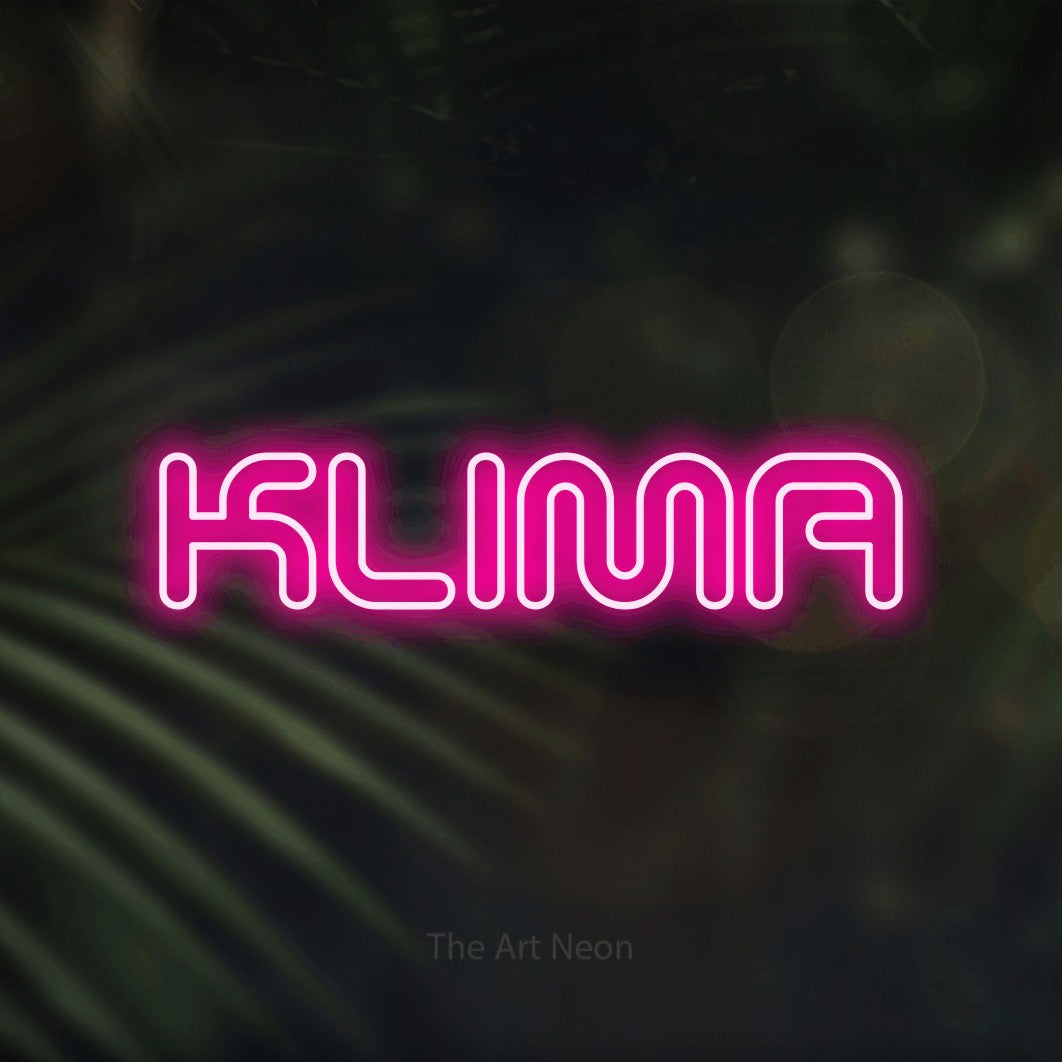 LED neon sign reading “KLIMA”, arranged in a single line.