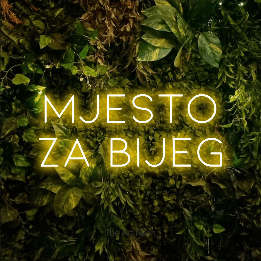 LED neon sign reading “MJESTO ZA BIJEG”, arranged in two lines.