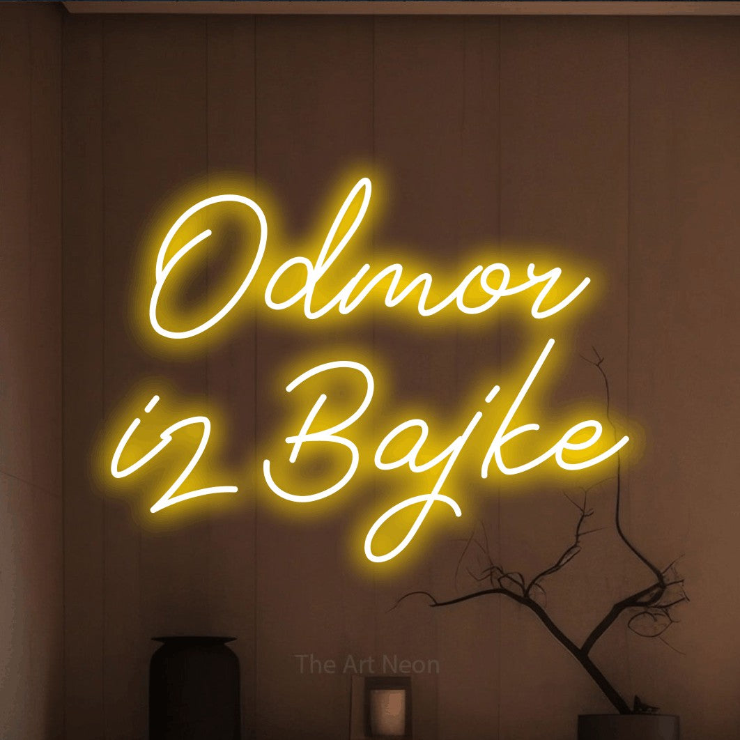 LED neon sign reading “Odmor iz Bajke”, arranged in two lines.