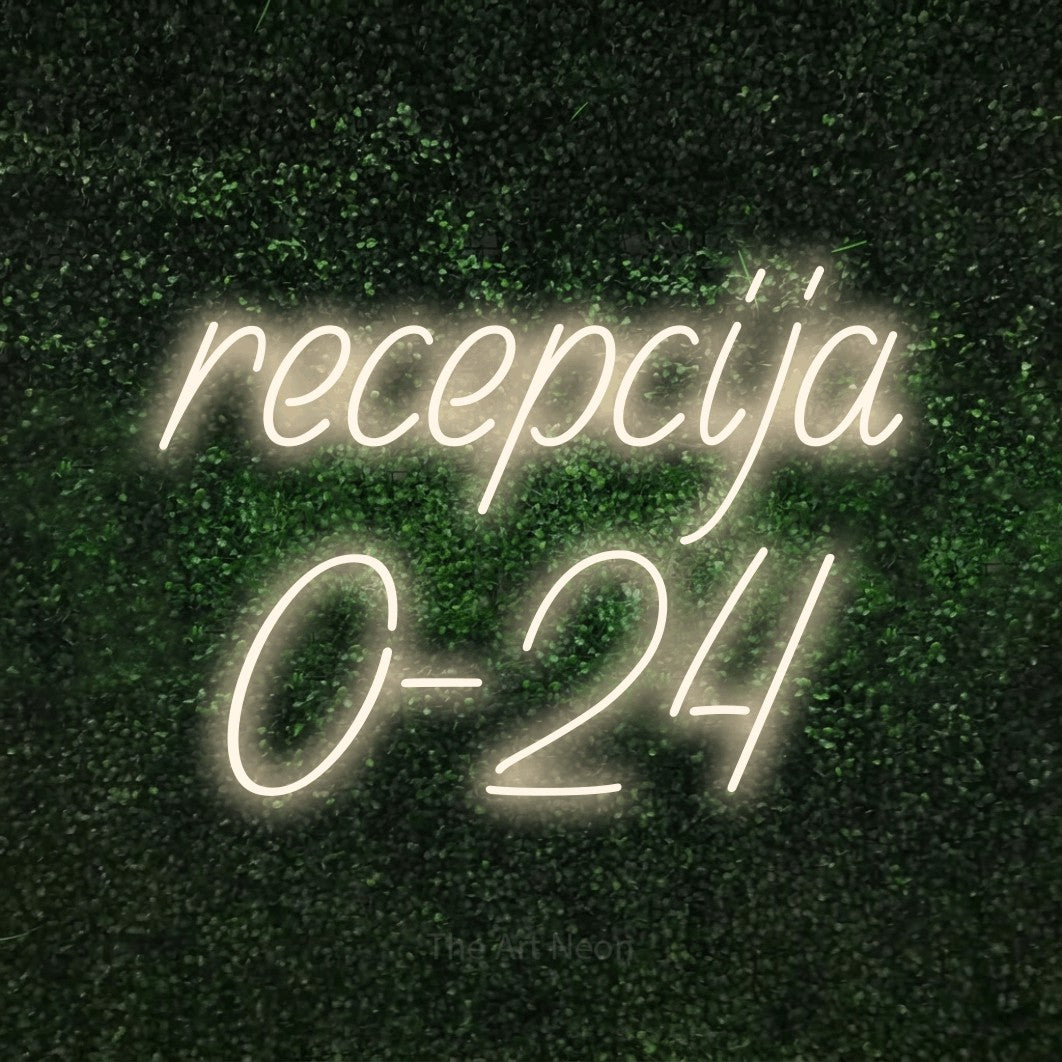 LED neon sign reading “recepcija 0-24”, arranged in two lines.