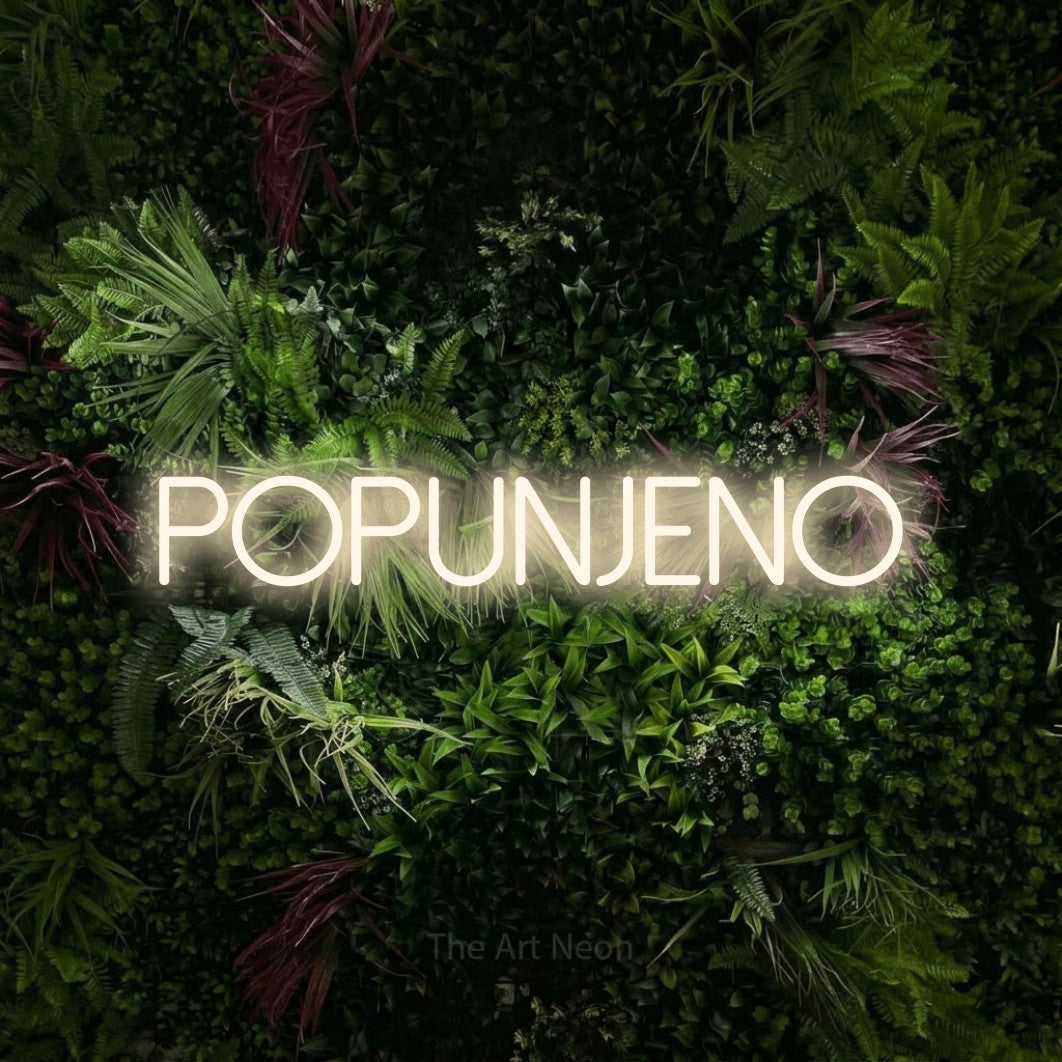 LED neon sign reading “POPUNJENO”, arranged in a single line.