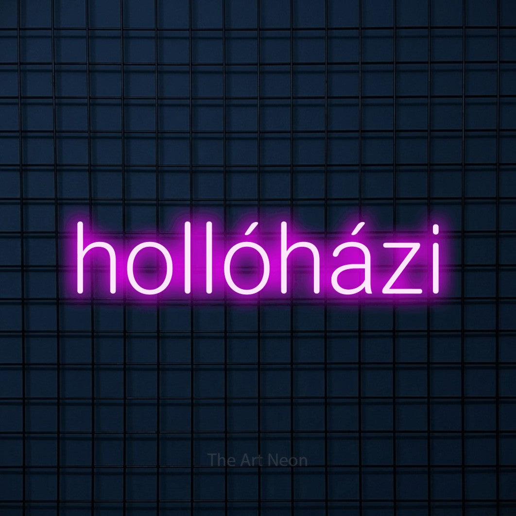 LED neon sign reading “hollóházi”, arranged in a single line.