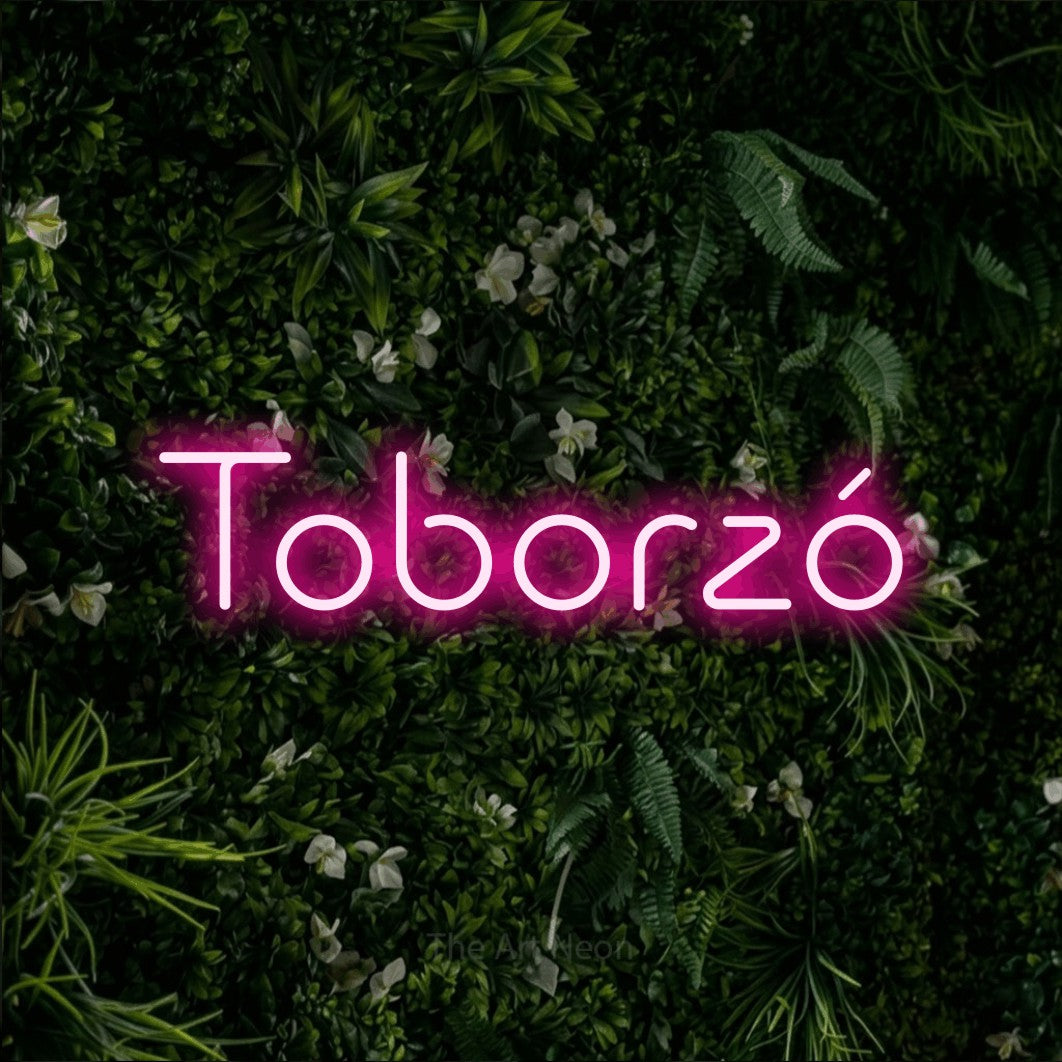 LED neon sign reading “Toborzó”, arranged in a single line.