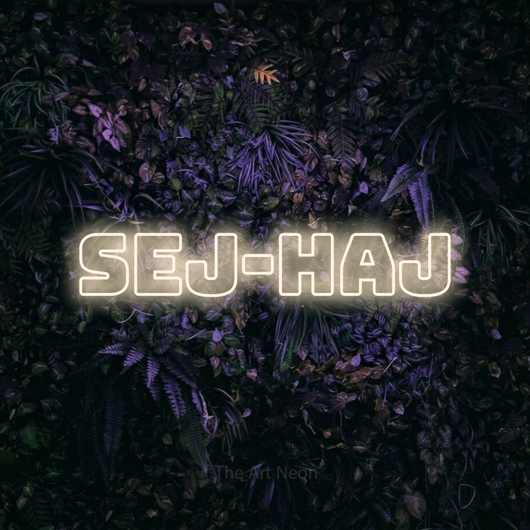 LED neon sign reading “Sej-haj”, arranged in a single line.