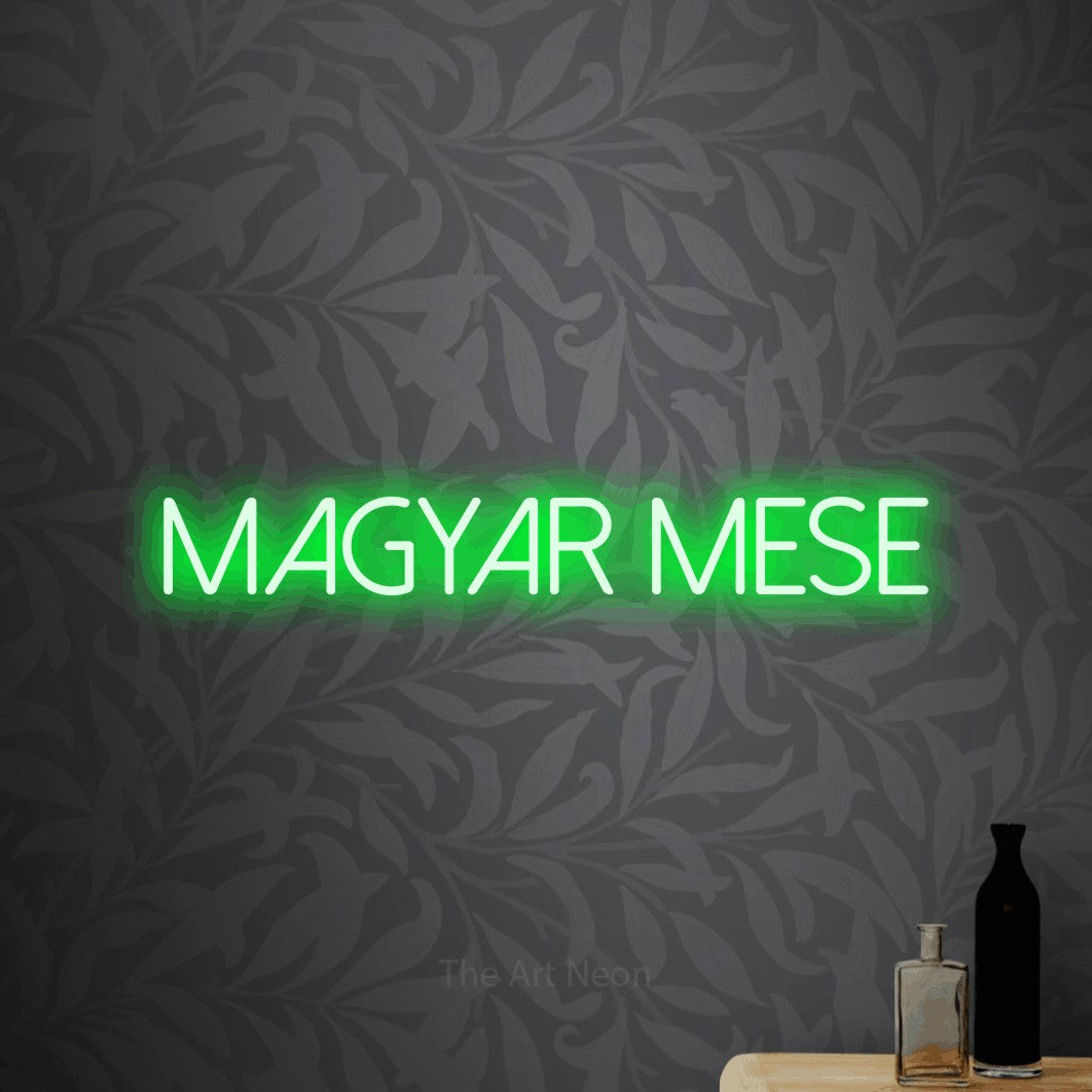 LED neon sign reading “MAGYAR MESE”, arranged in a single line.
