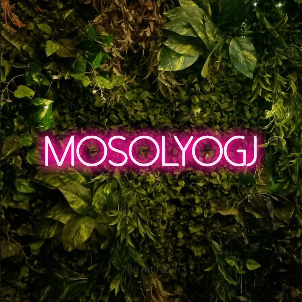 LED neon sign reading “mosolyogj”, arranged in a single line.
