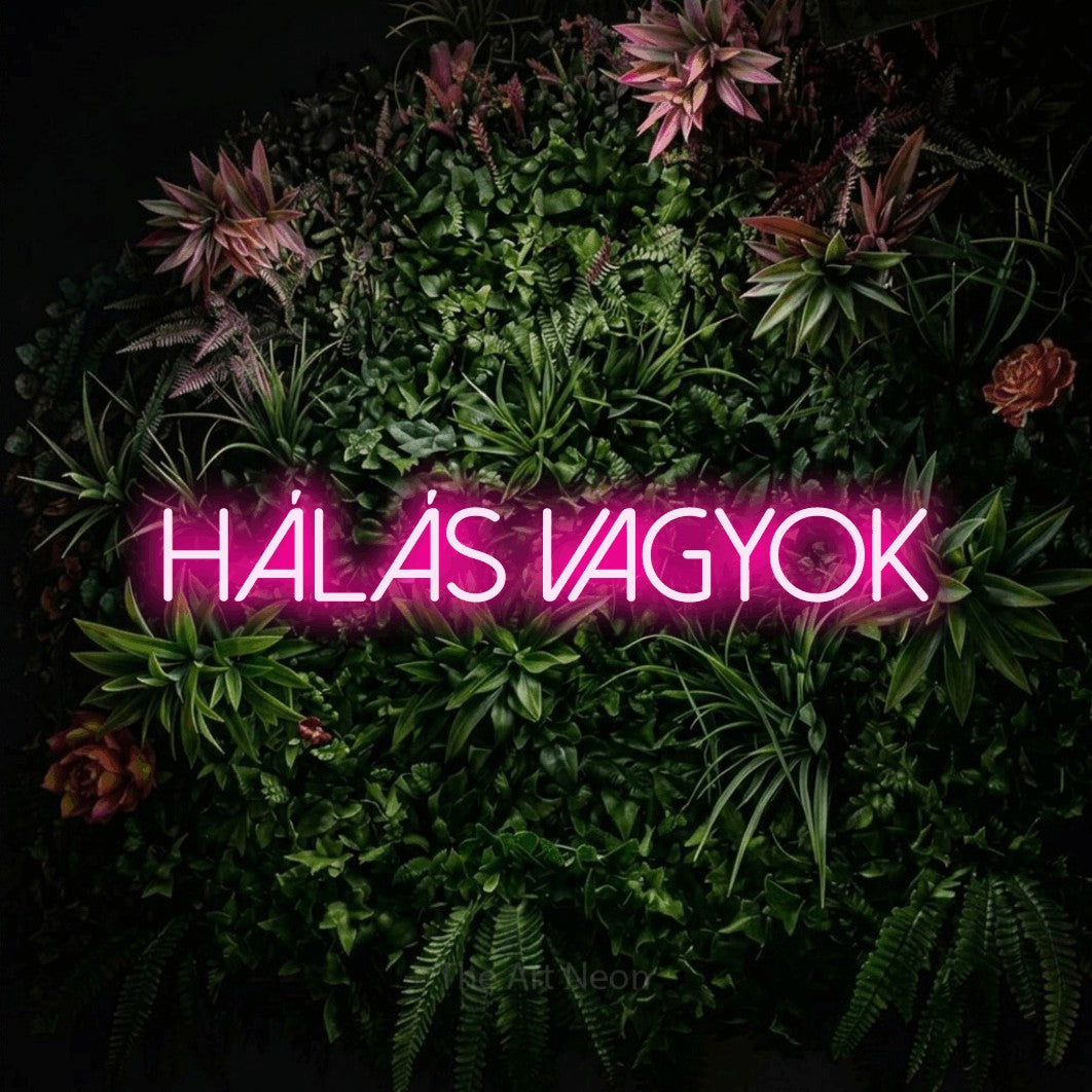 LED neon sign reading “HÁLÁS VAGYOK”, arranged in a single line.