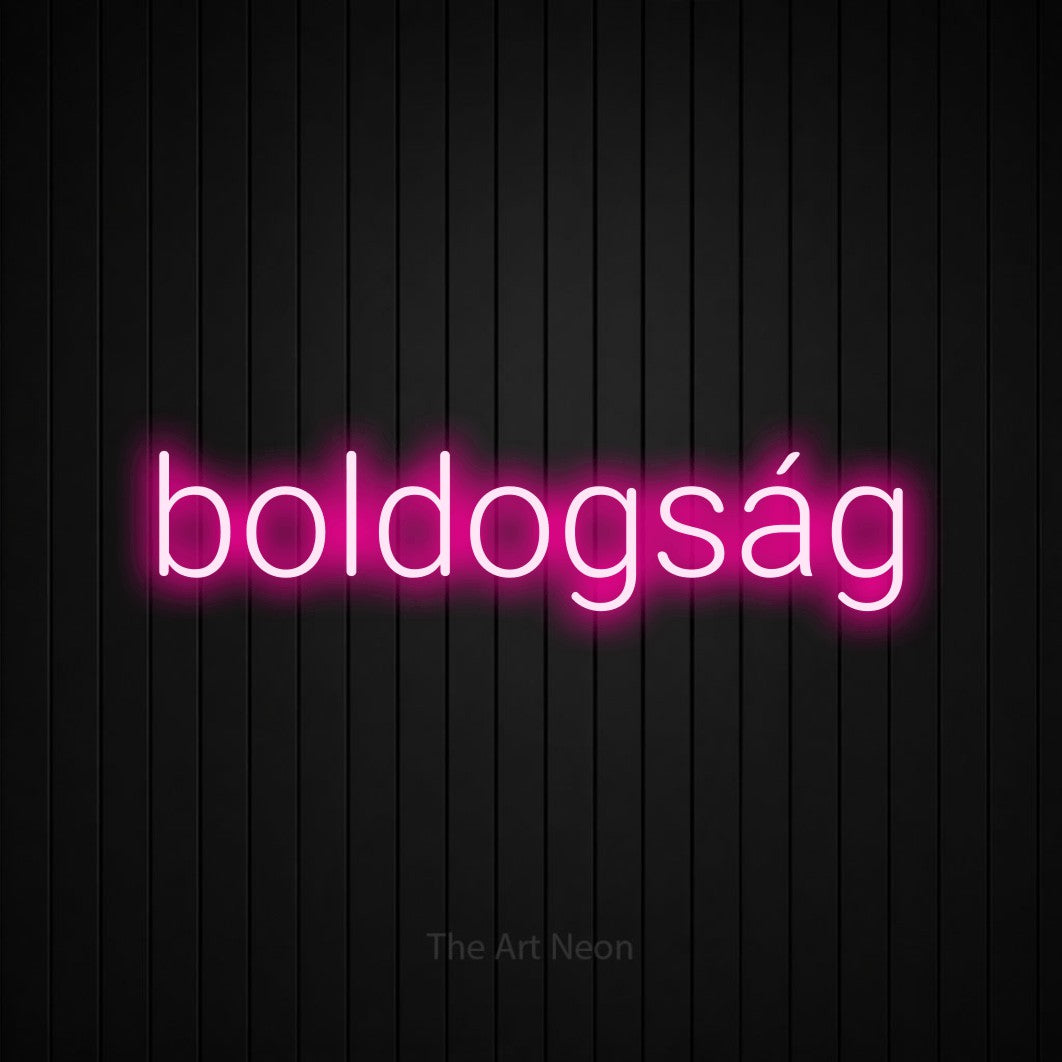 LED neon sign reading “boldogság”, arranged in a single line.