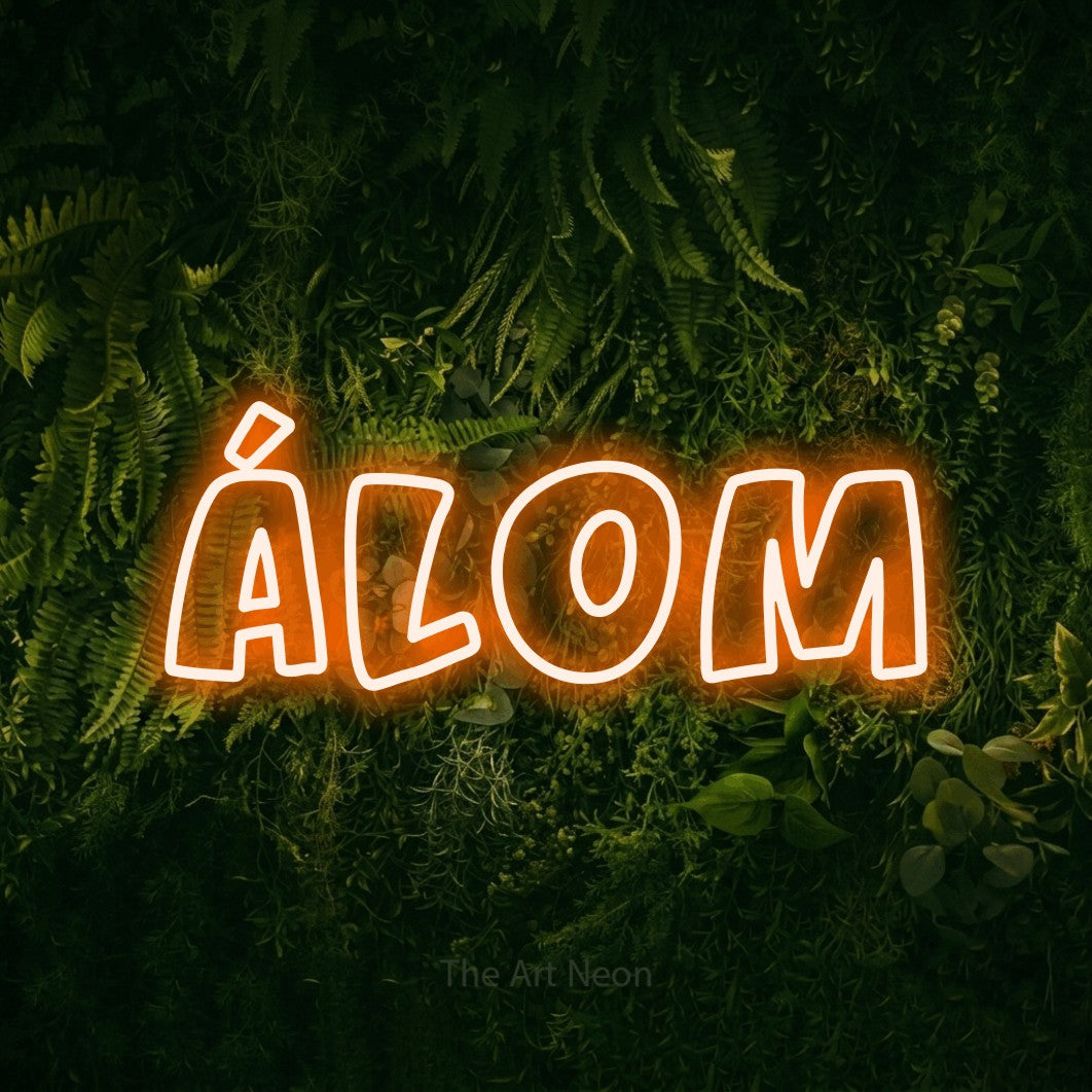 LED neon sign reading “Álom”, arranged in a single line.