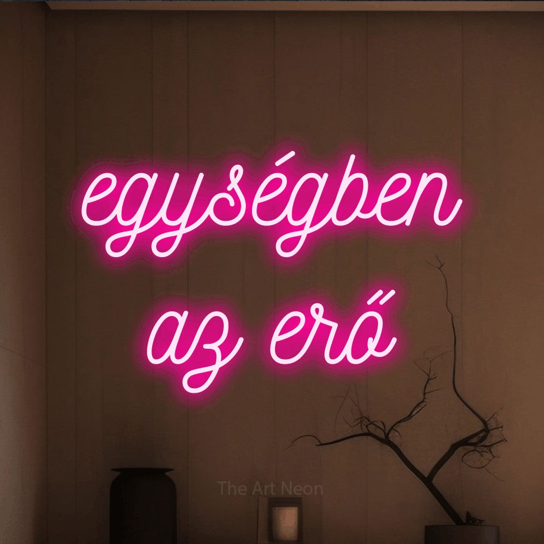 LED neon sign reading “egységben az erő”, arranged in two lines.