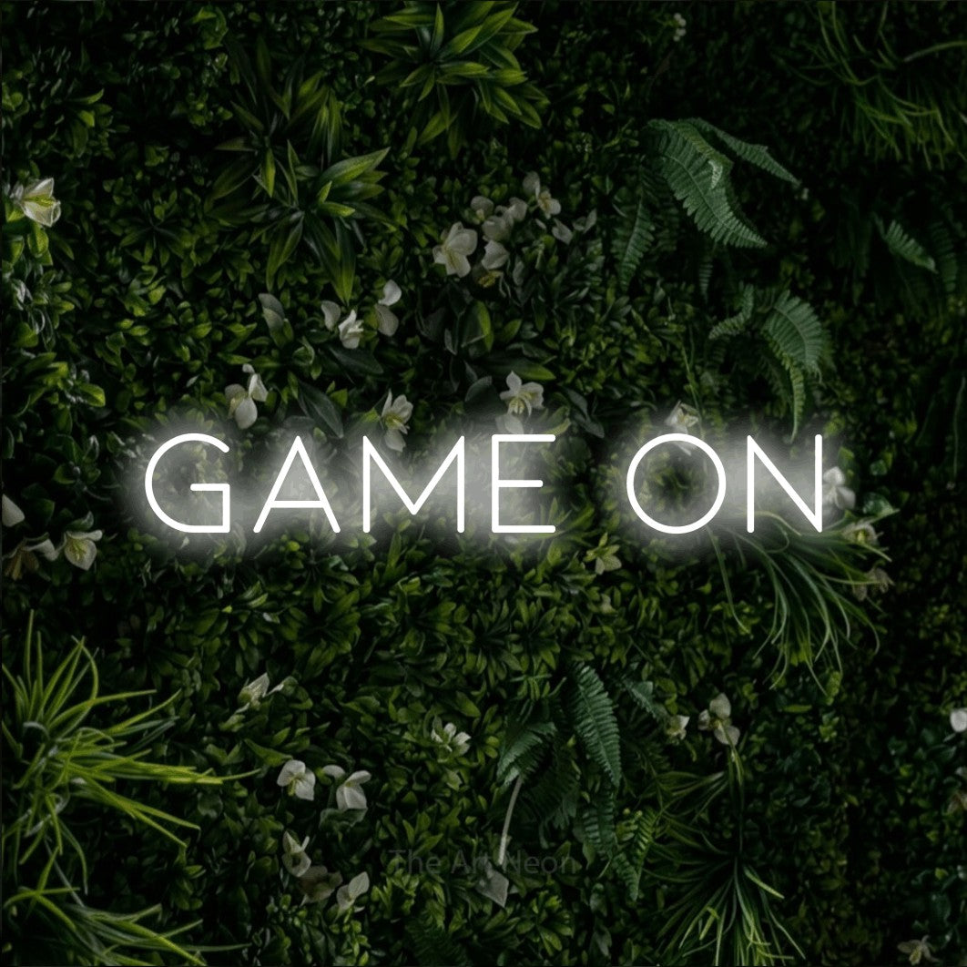 LED neon sign reading “Game On”, arranged in a single line.