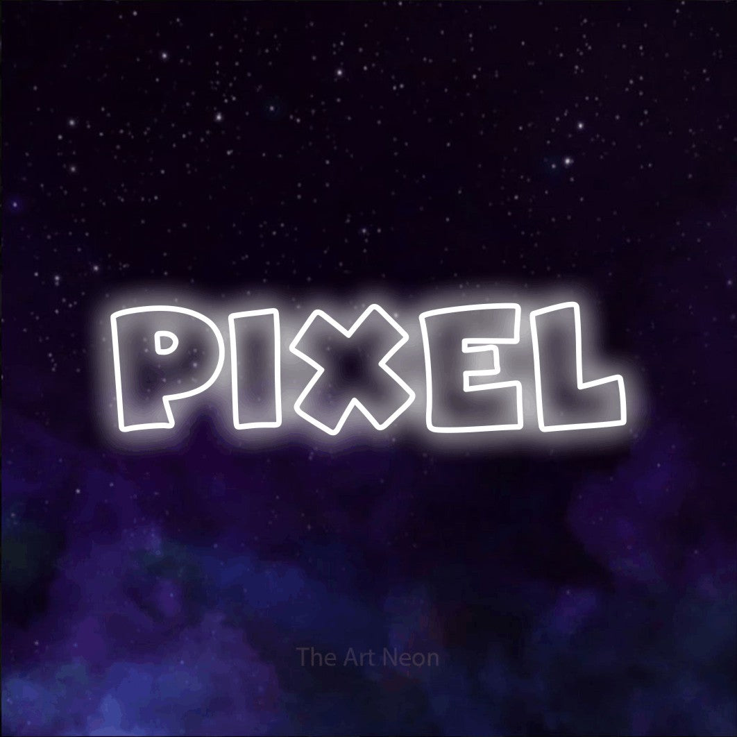 LED neon sign reading “pixel”, arranged in a single line.