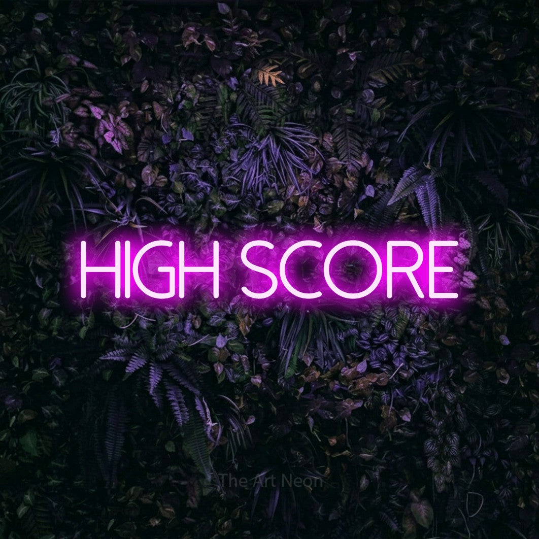 LED neon sign reading “high SCORE”, arranged in a single line.
