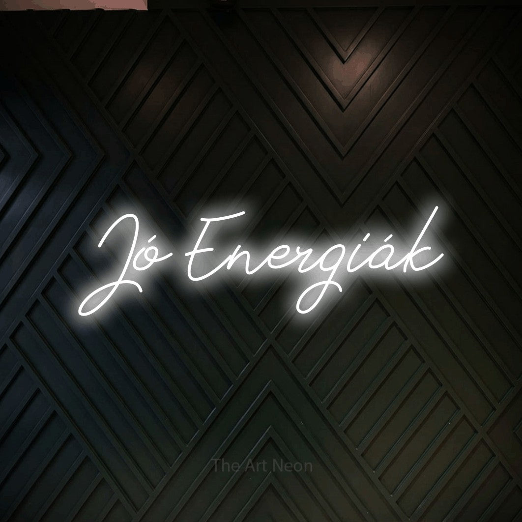 LED neon sign reading “Jó Energiák”, arranged in a single line.